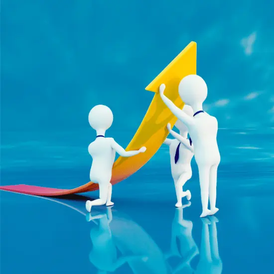 Three stick figures collaborate to lift a rising arrow, symbolizing growth and success. This image represents the impactful and collaborative efforts of a digital marketing agency in Ghaziabad to drive business growth.